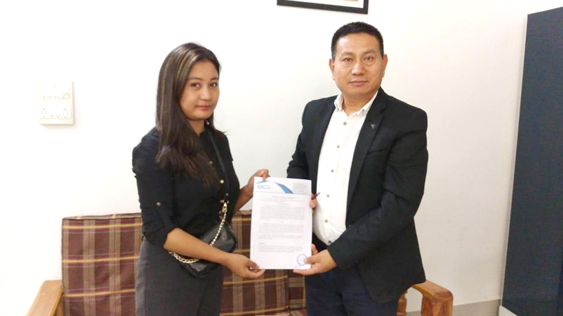 Lenü Neikha, Marketing Executive of Exellogies Tech Solutions Pvt. Ltd and Oriental College, Kohima Principal, Dr Ketshukietuo Dzuvichu during the signing of an MoU between the two entities in Kohima on June 14.